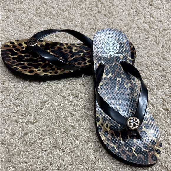 Tory Burch Shoes - Tory Burch Black and Leopard Flip Flops